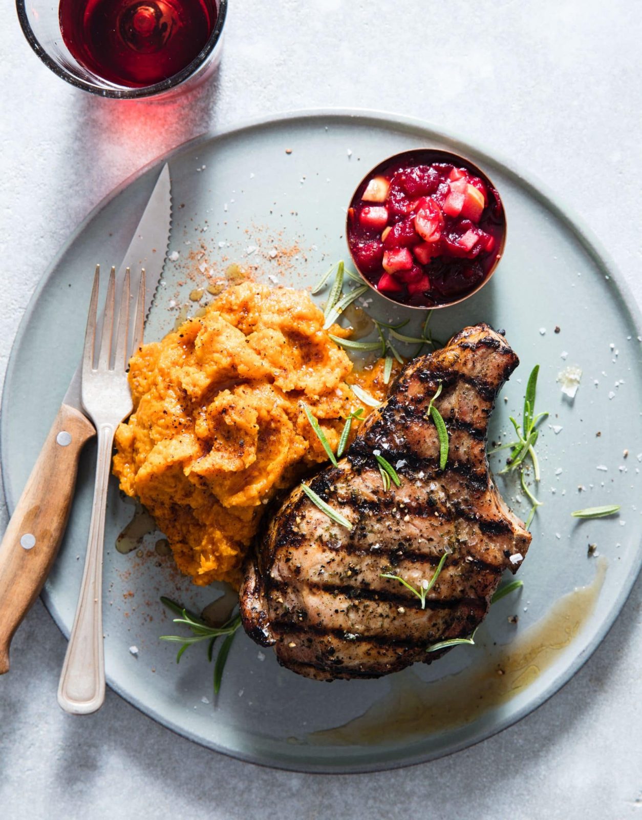 PORK CHOPS with Mashed Sweet Potatoes and Cranberry Sauce