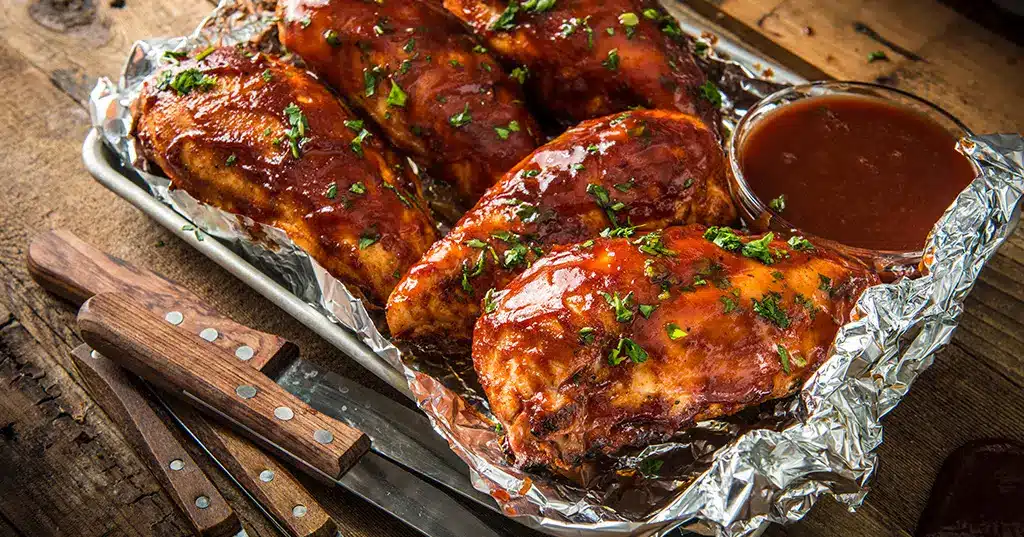 barbecued chicken breasts on foil with a side of barbecue sauce on a wood table
