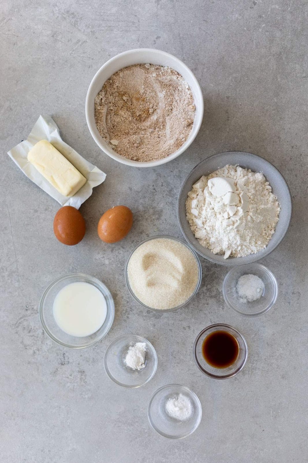 Coffee Cake ingredients including butter, eggs, flour, sugar, streusel, vanilla, and baking powders